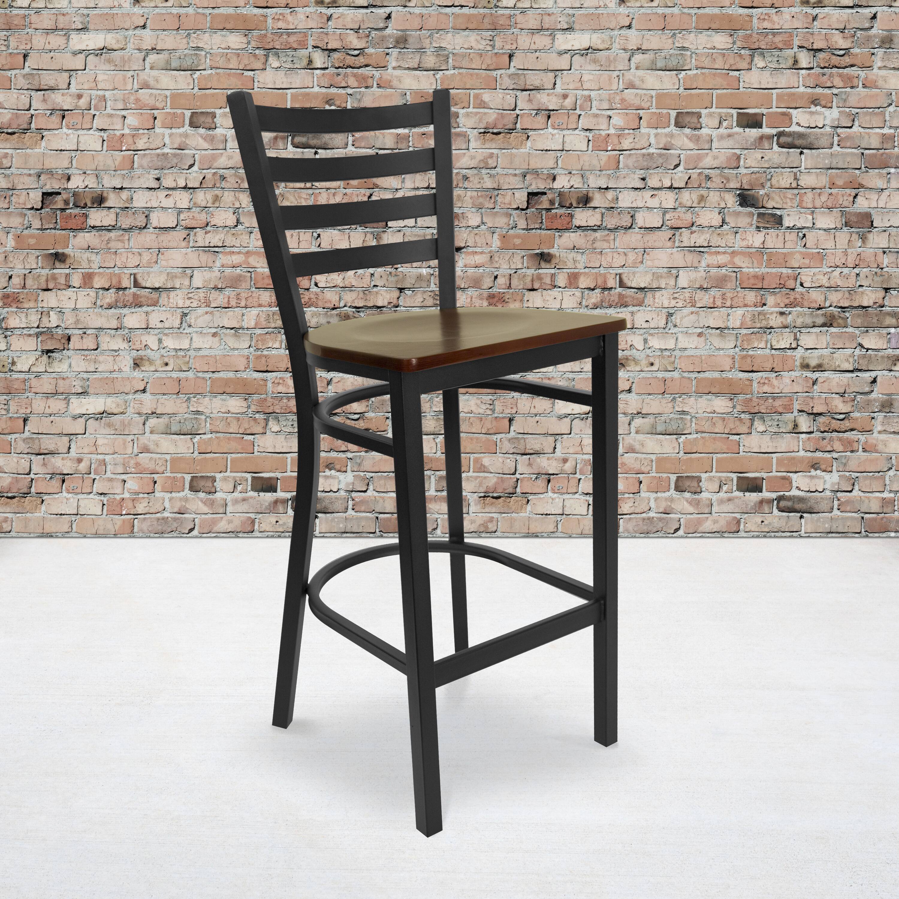 Alt View 2. Emma + Oliver - 2 Pack Ladder Back Metal Restaurant Barstool - Mahogany Wood Seat/Black Metal Frame.