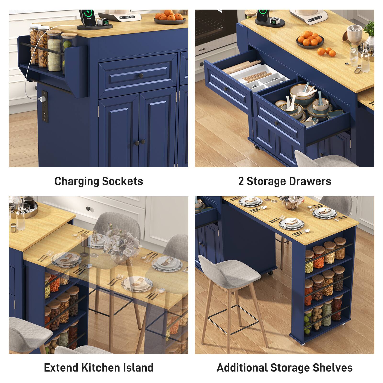 - Charging Sockets
- 2 Storage Drawers
- Extend Kitchen Island
- Additional Storage Shelves