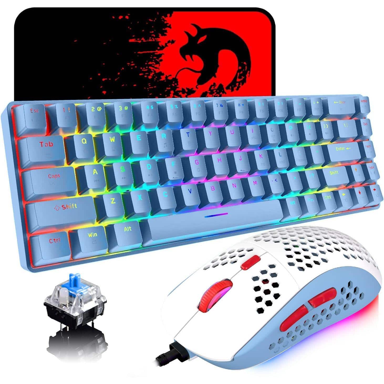 Pacoar Cade - 65 Wired Gaming Mechanical And Mouse Combo Mini 68 Keys Rgb Backlight Lightweight 6400dpi Optical Pad Compatible With - blue/blue switch