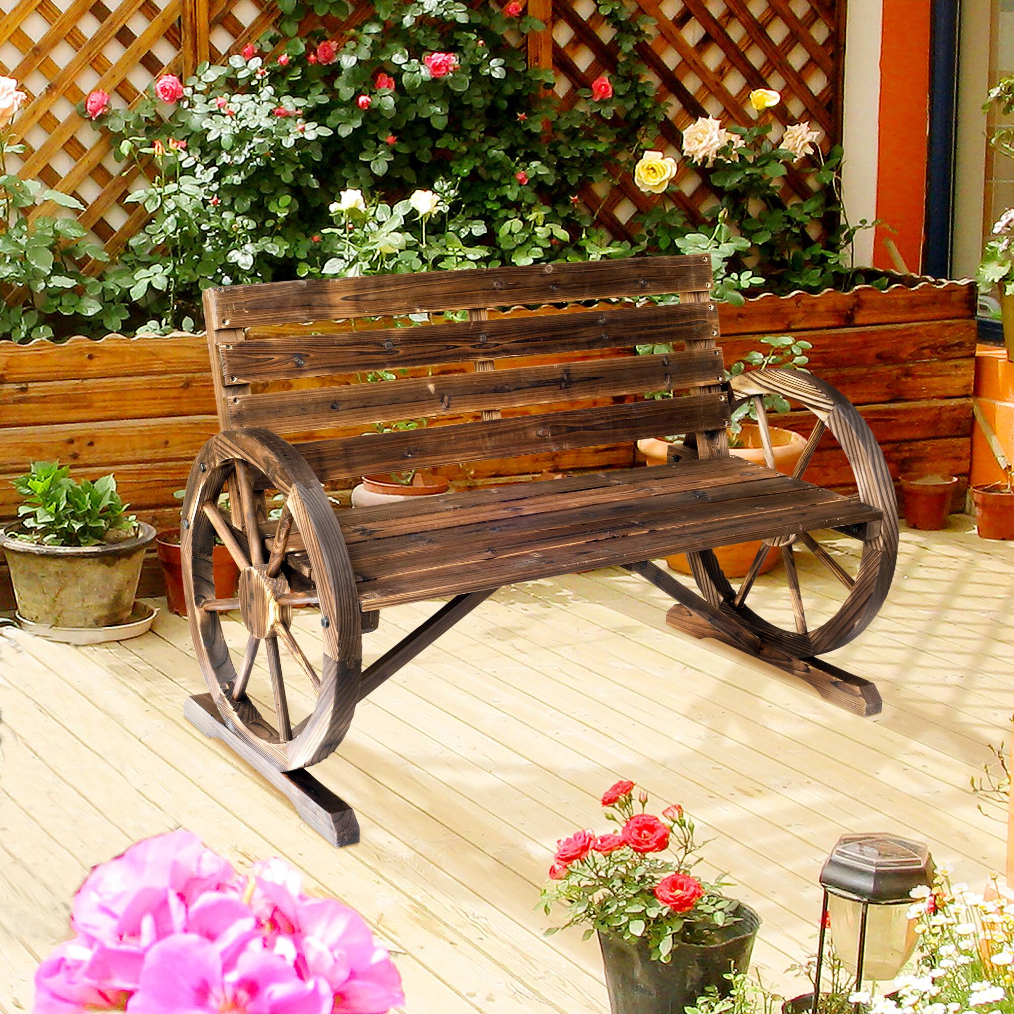 Alt View 7. Outsunny - 41" Wooden Wagon Wheel Bench, Rustic Outdoor Patio Weather Resistance Furniture, 2-Seat Bench with Backrest - Brown.