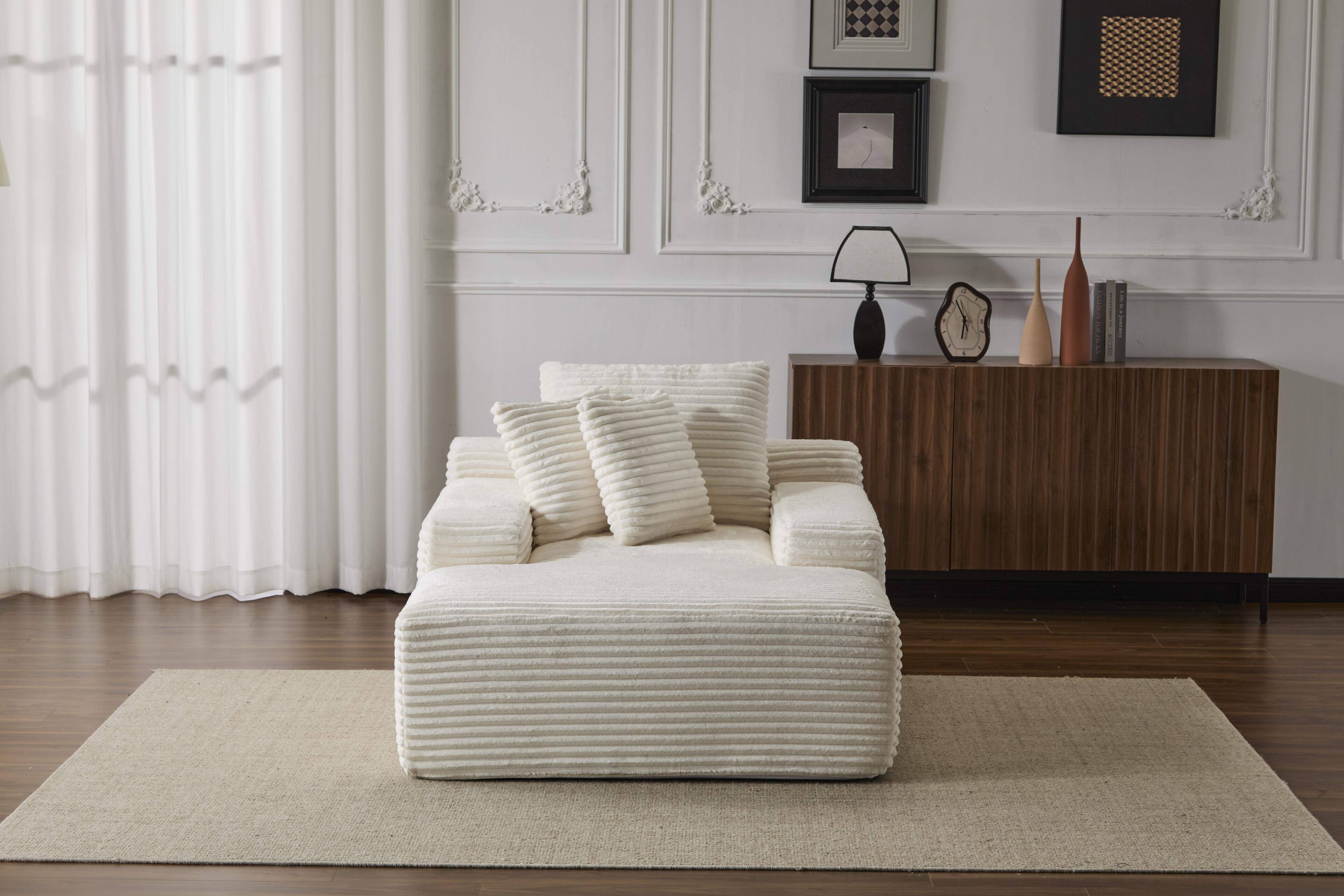 Angle. Roomtec - Oversized Chaise Lounge Chair Cozy Cloud Couch Modern Plush Corduroy Upholstered Sleeper Sofa Daybed with 3 Throw - Beige.