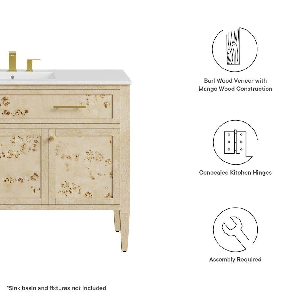 Burl Wood Veneer with Mango Wood Construction  
Concealed Kitchen Hinges  
Assembly Required  

*Sink basin and fixtures not included
