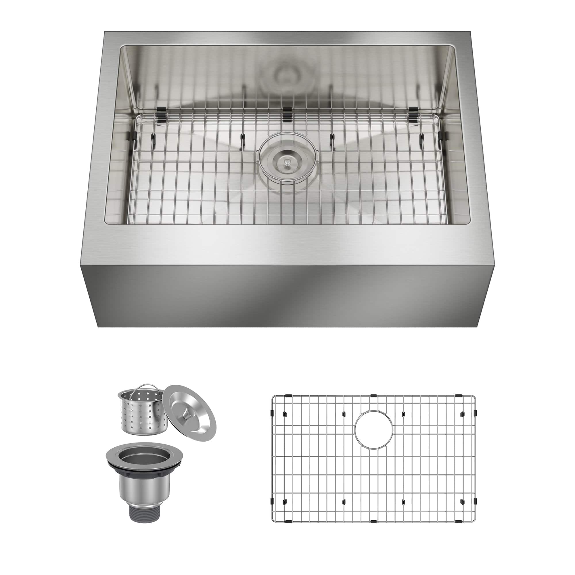 Front. Boyel Living - 30 in. Farmhouse Apron-Front Single Bowl 18-Gauge Silver Stainless Steel Kitchen Sink with Bottom Grid, Strainer Basket - Silver.