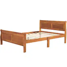 GOODSILO - Full Size White Wood Platform Bed with Headboard and Wooden Slat Support - Oak