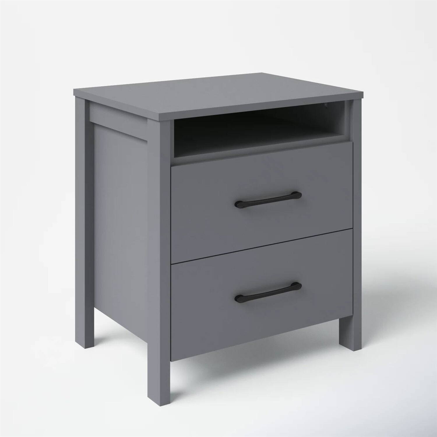 Left. SlickBlue - Stylish 2-Drawer Nightstand with Open Shelf – Bedroom Storage Table, Modern Design - Grey.