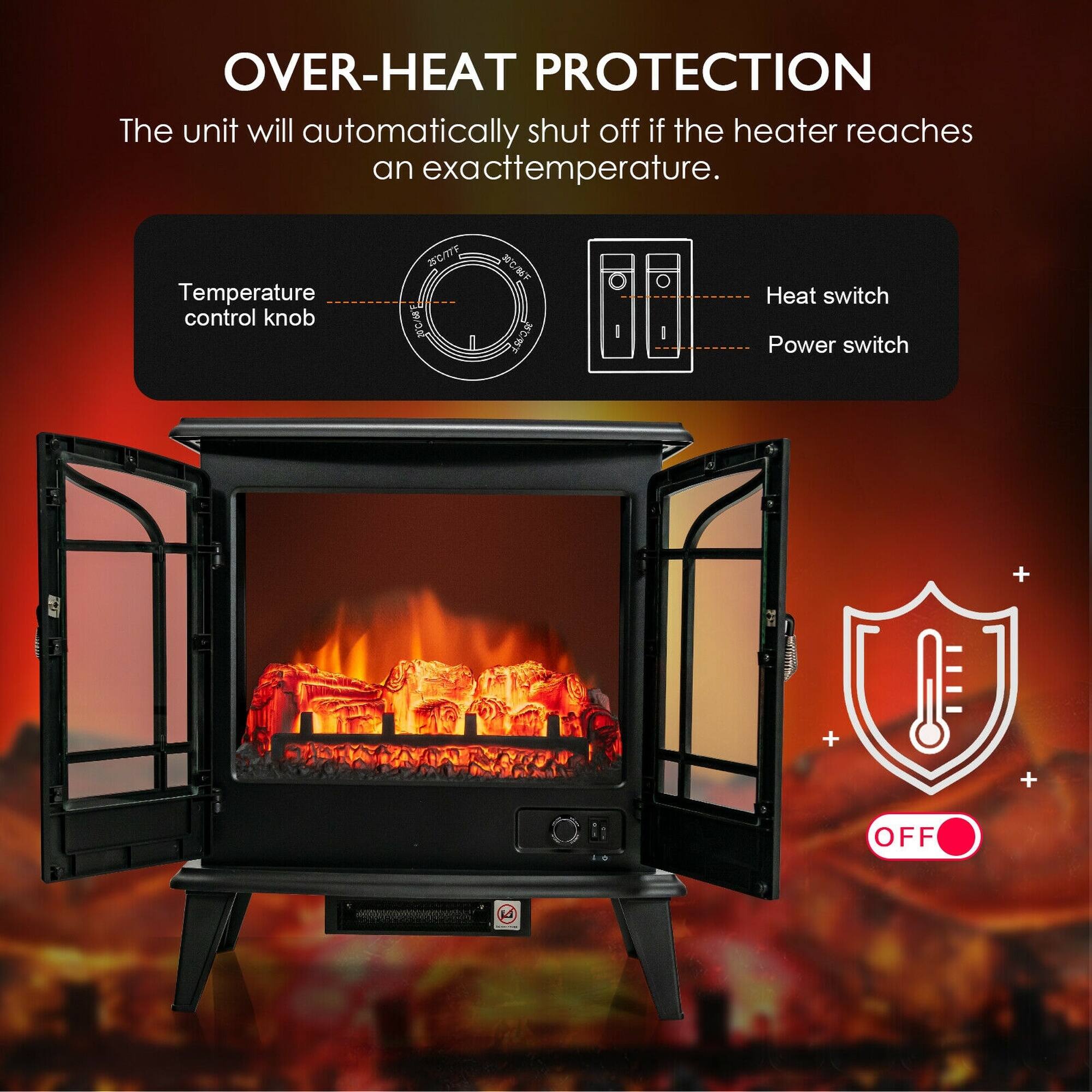 OVER-HEAT PROTECTION  
The unit will automatically shut off if the heater reaches an exact temperature.  

Temperature control knob  
25C/77F  
30C/86F  
25C/95F  

Heat switch  
Power switch  

OFF