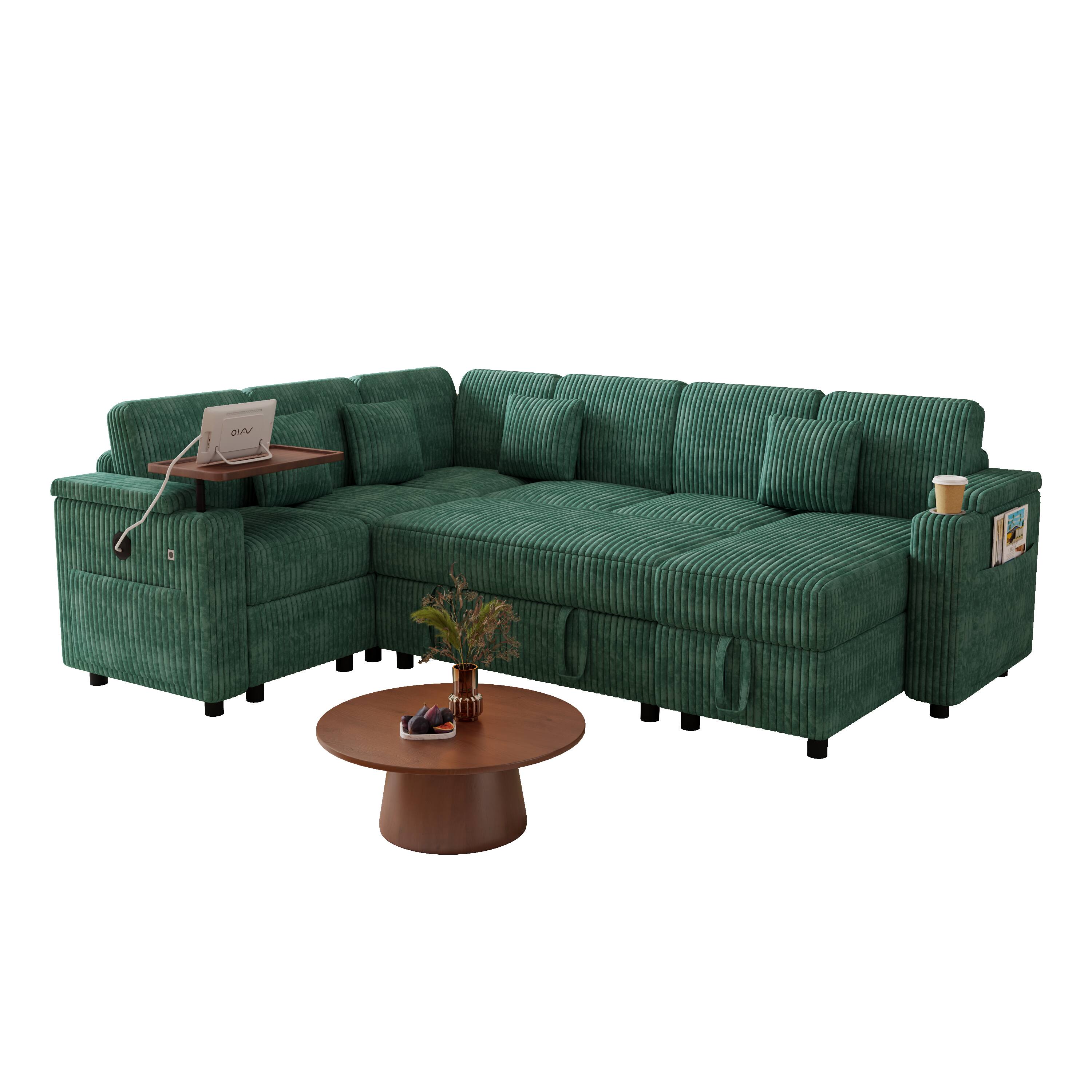 Back. Anysun - 100" Pull-Out Sofa Bed w/ USB, Table Board & Cup Holder, Corduroy Fabric, U-Shape Combo, Storage Lounge - Green.