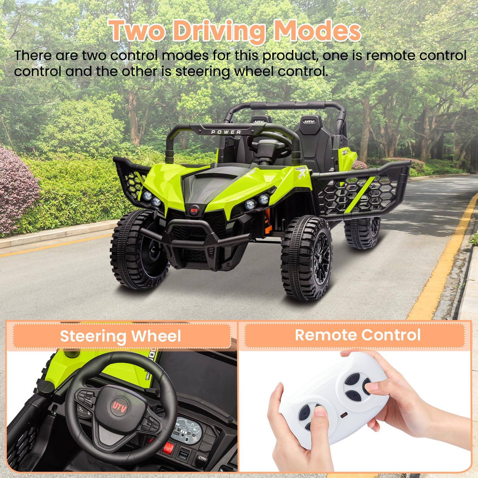 Two Driving Modes

There are two control modes for this product, one is remote control and the other is steering wheel control.

Steering Wheel

Remote Control