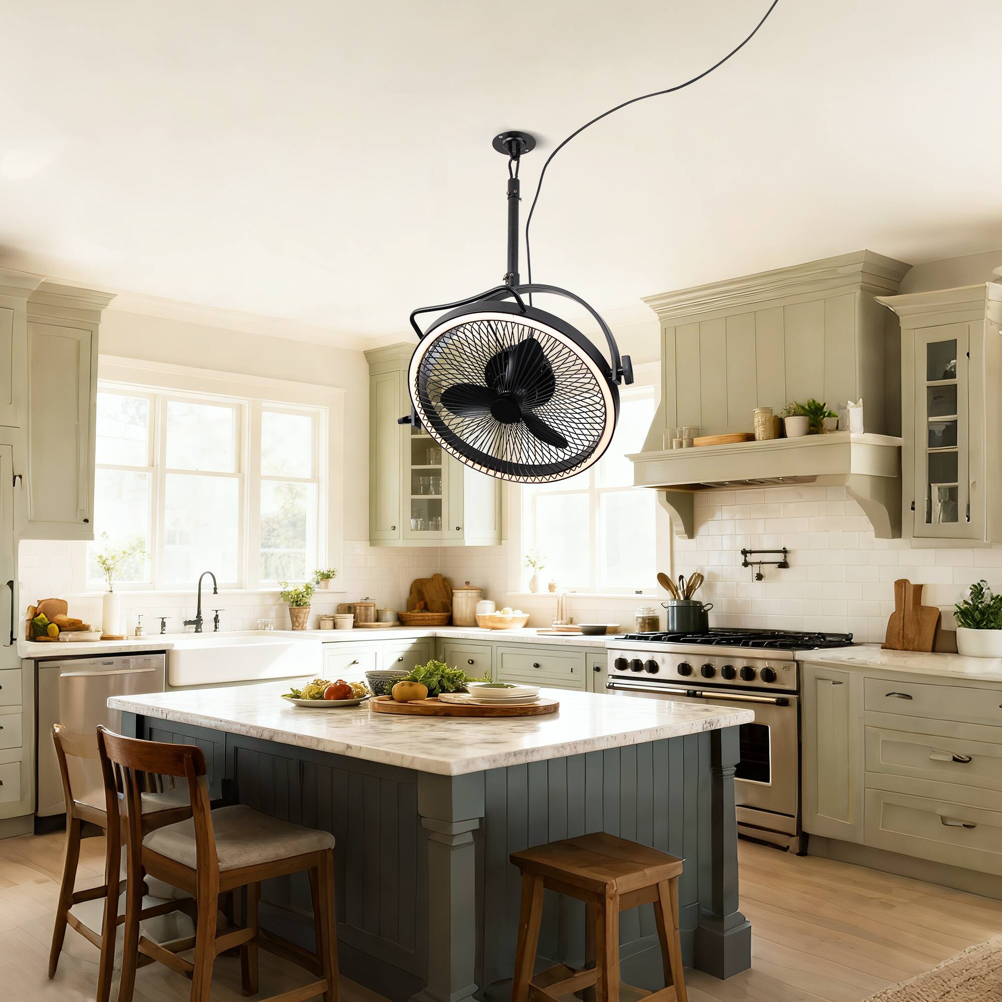 Left. Parrot Uncle - 20” Matte Black  Industrial Dual Hanging Rotatable LED Ceiling Fan with Remote, Plug Installation - Matte Black.