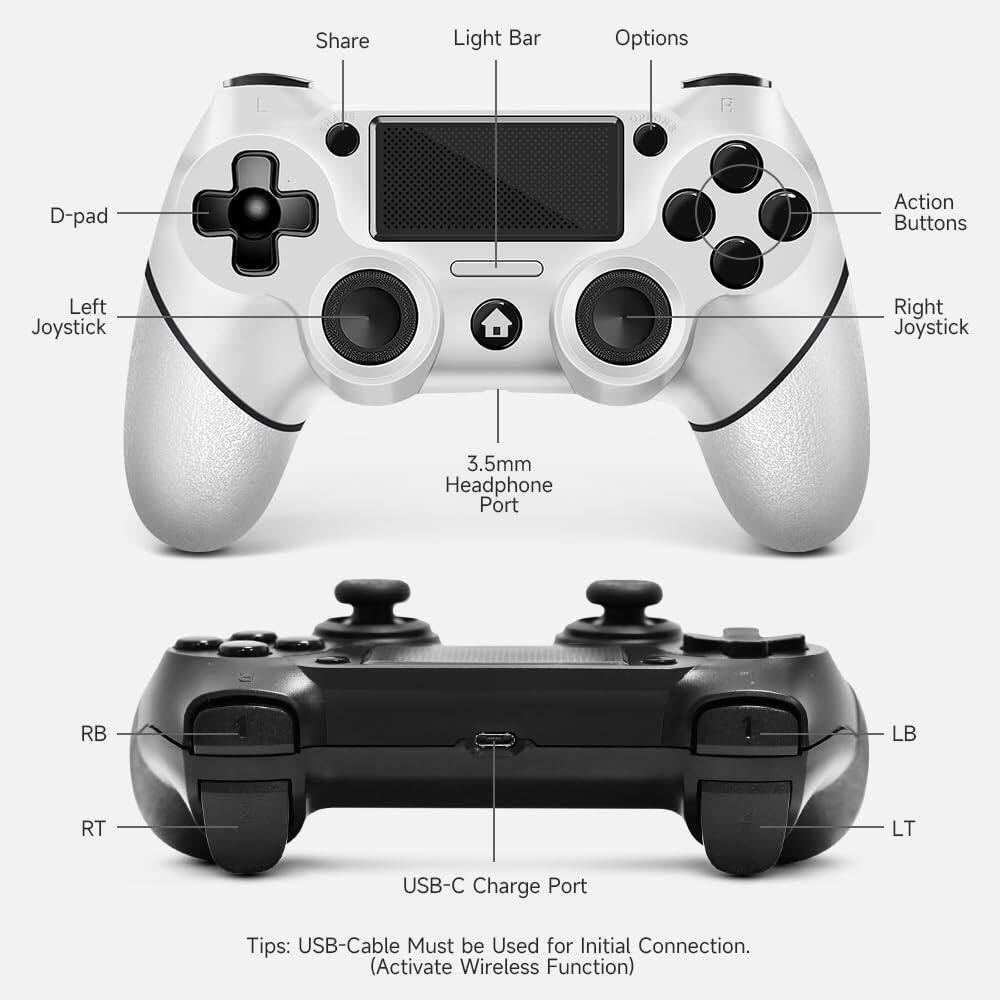 Share  
Light Bar  
Options  
D-pad  
Left Joystick  
3.5mm Headphone Port  
Right Joystick  
Action Buttons  
RB  
LB  
RT  
LT  
USB-C Charge Port  

Tips: USB-Cable Must be Used for Initial Connection. (Activate Wireless Function)