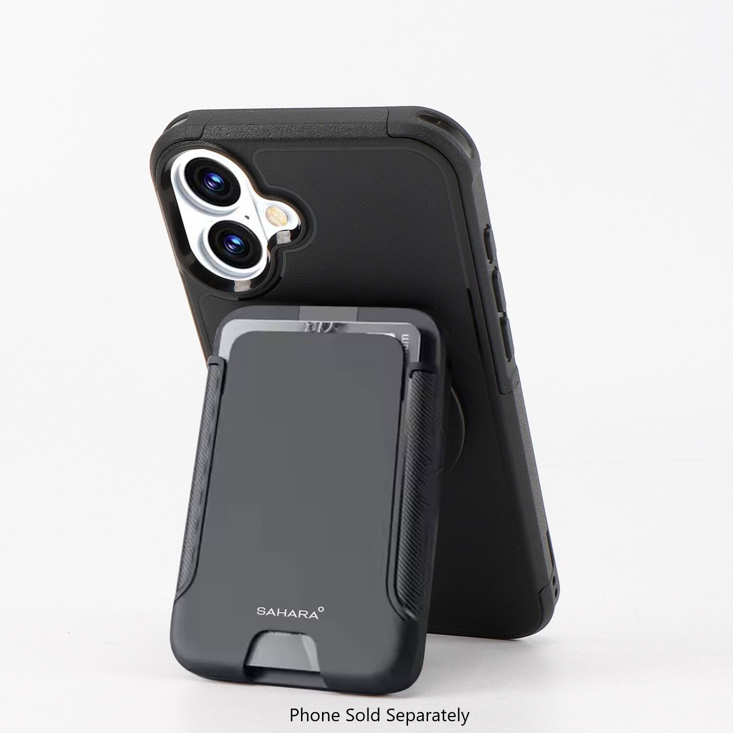 The image features a black Sahara phone case and a phone stand. The phone case is designed to hold the phone securely and protect it from scratches and drops. The phone stand allows the user to position the phone at an optimal angle for viewing, making it convenient for watching videos, taking photos, or making calls. The case and stand are both made of durable materials and are available for purchase separately.