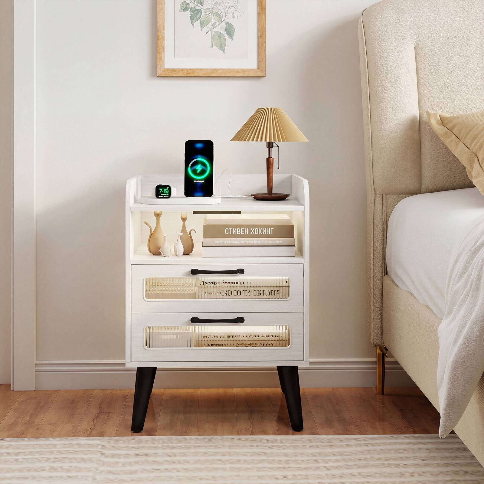 Costway 1 PCS Nightstand with Charging Station and LED Lights, Open ...