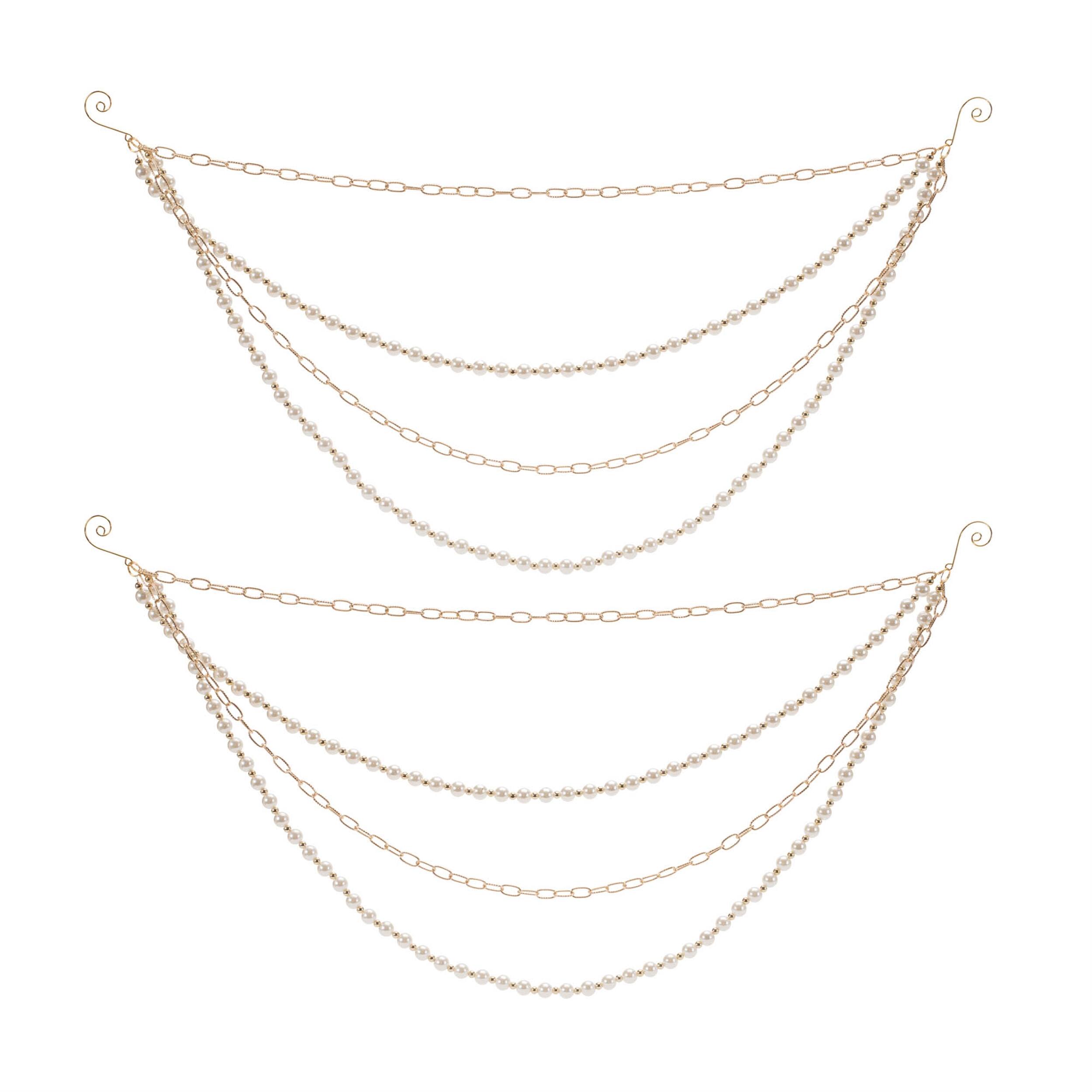 Left. BreeBe - Pearl Bead and Chain Link Garland (Set of 2) - White, Gold.