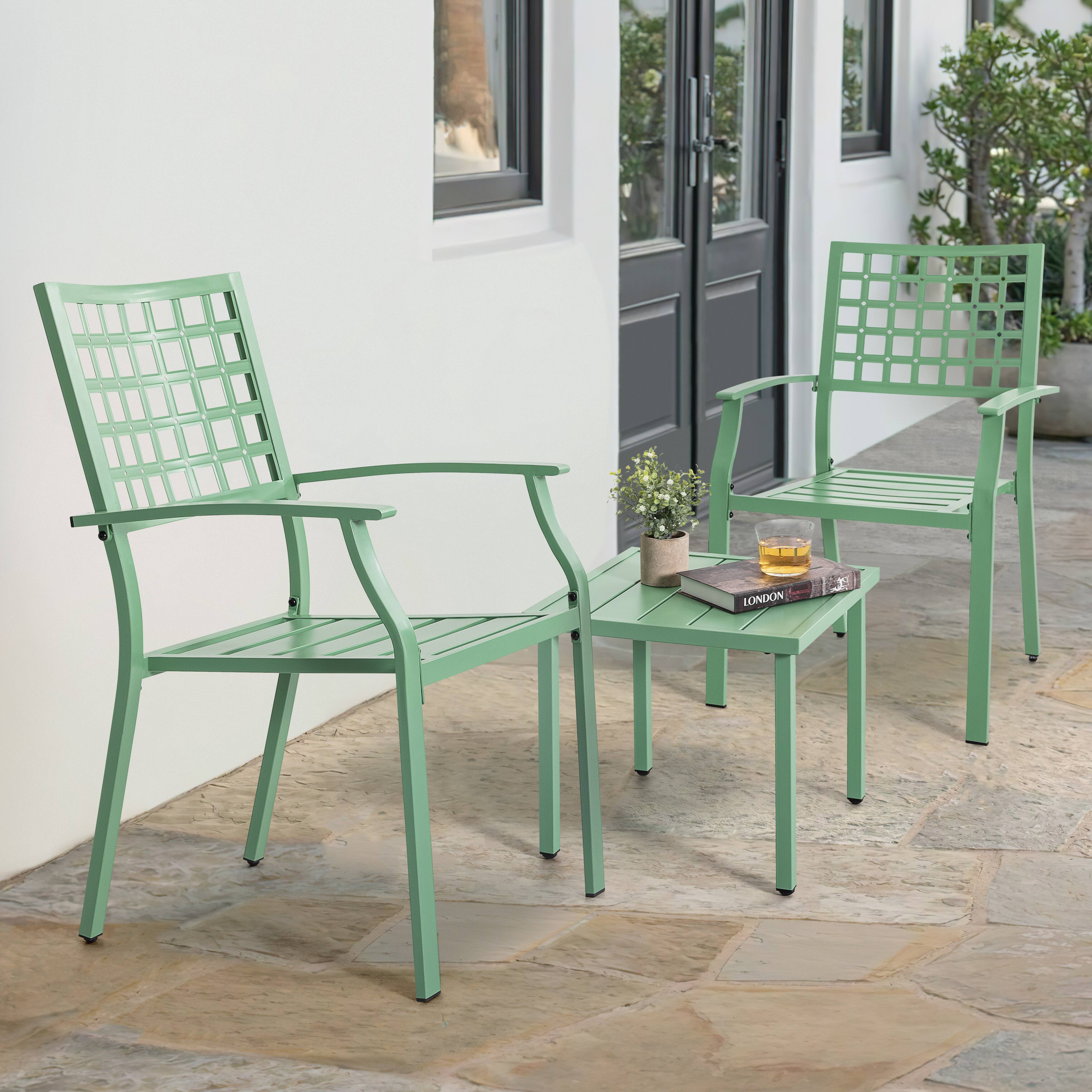 Alt View 5. Nuu Garden - 3-Piece Metal Patio Bistro Set with Stackable Chairs and Square Side Table - Green.