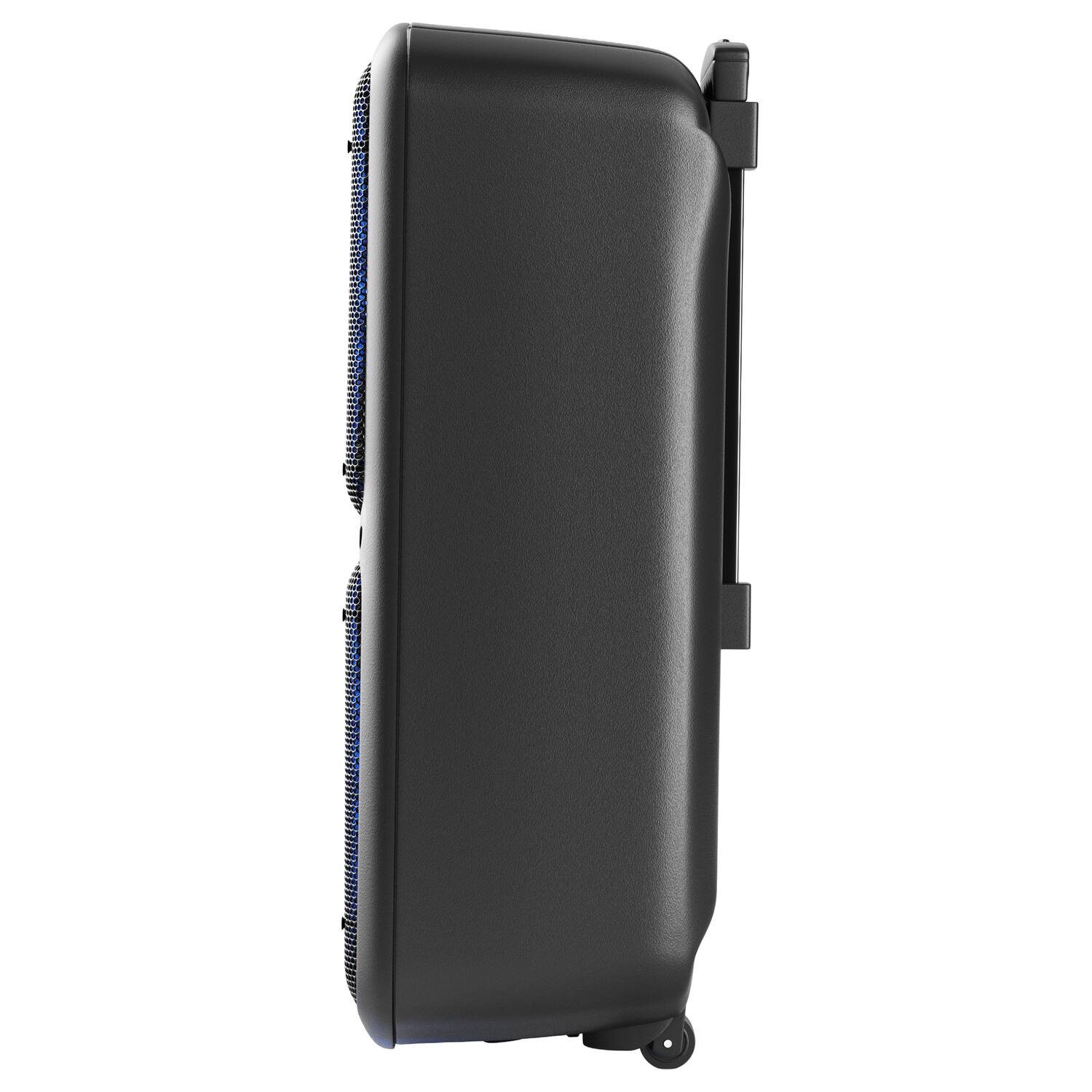 Back. Dolphin Audio - 3600W Portable Bluetooth Rechargeable BoxParty 2120 Party Speaker, Dual 12" Woofers, Lights, Wired Mic, Remote - Black.