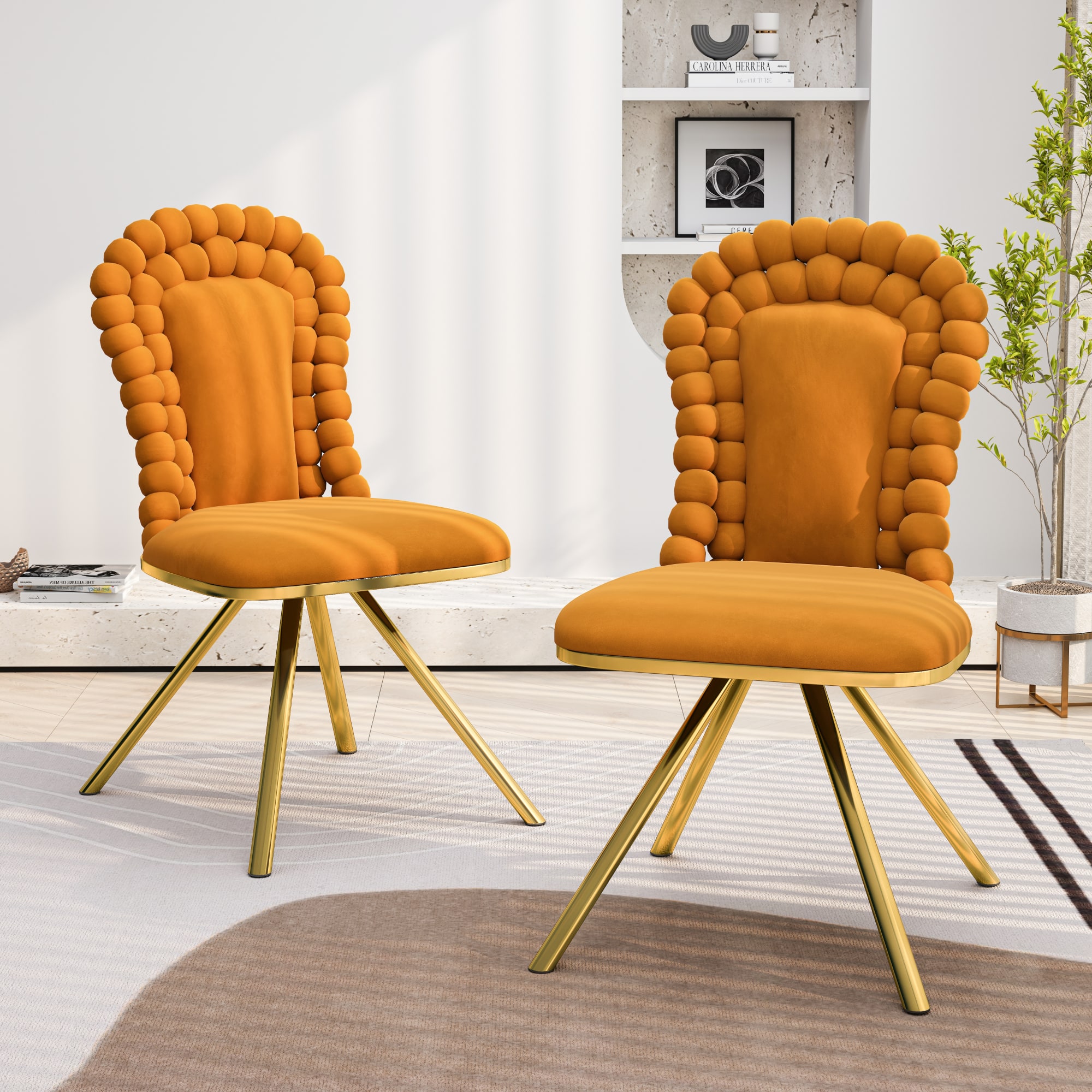 GOODSILO - Set of 2 Velvet Upholstered Dining Chairs with Gold Metal Legs and 360-Degree Swivel Feature - Orange