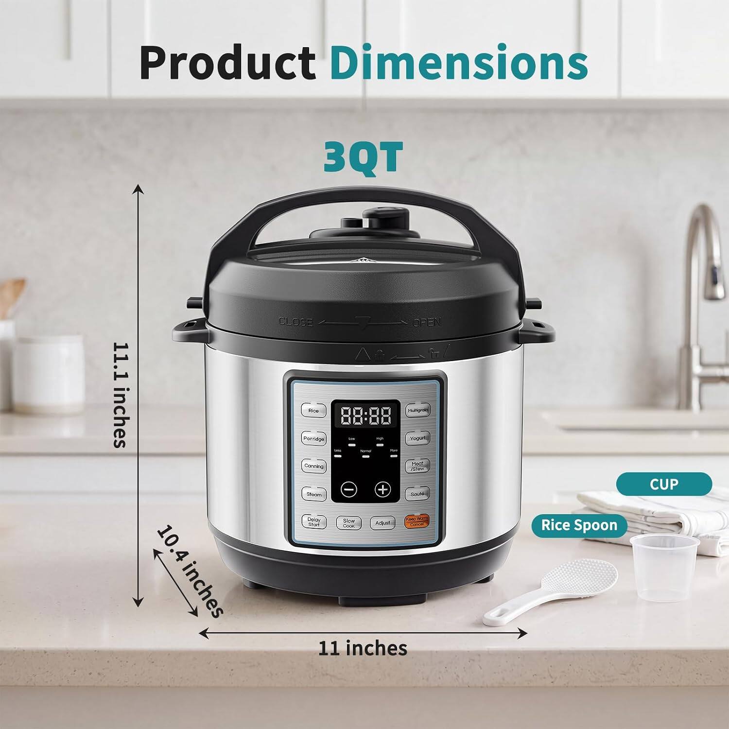 Product Dimensions: 3QT, 11.1 inches, 10.4 inches, 11 inches  
Close ofen - Hung-a 00.00 anige Yogur Coro FN I + SAR -ade  
Line shart Fooe AdM  
Rice Spoon, CUP
