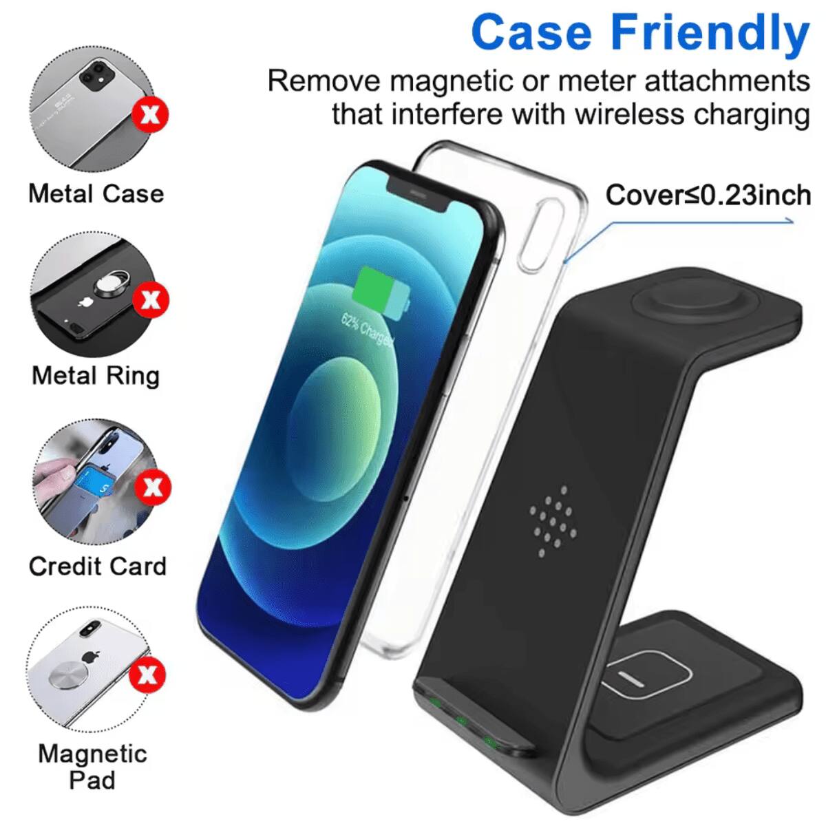 Case Friendly  
Remove magnetic or meter attachments that interfere with wireless charging  
Cover≤0.23inch  

Metal Case  
Metal Ring  
Credit Card  
Magnetic Pad