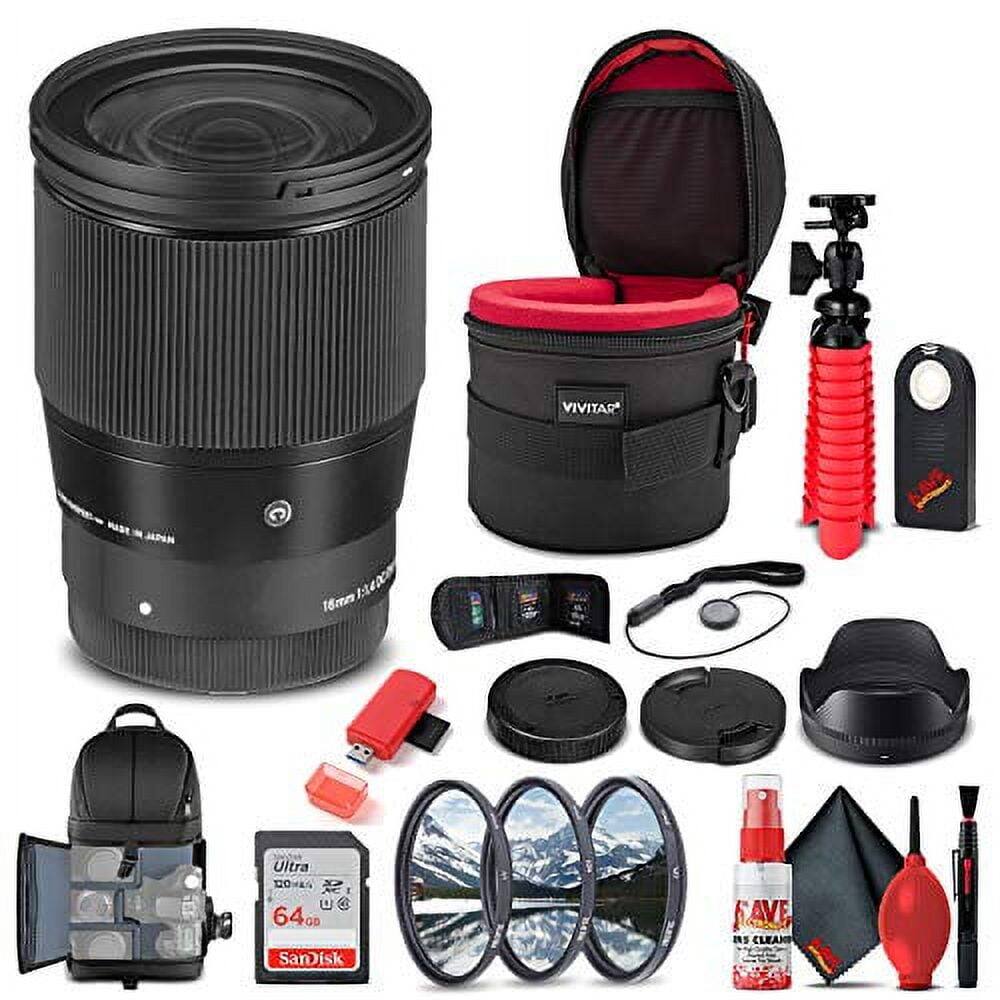 VIVITAR 16mm 1:4.0 Ultra Wide Angle Lens  
64GB SanDisk Ultra SD Card  
CLEANING KIT (includes lens cleaning solution, cloth, and brush)  
Camera Bag  
Tripod  
Lens Hood  
UV Filters  
Lens Cap  
Memory Card Reader  
Camera Strap  
Lens Cleaning Spray  
Lens Cleaning Pads  
Lens Cleaning Brush