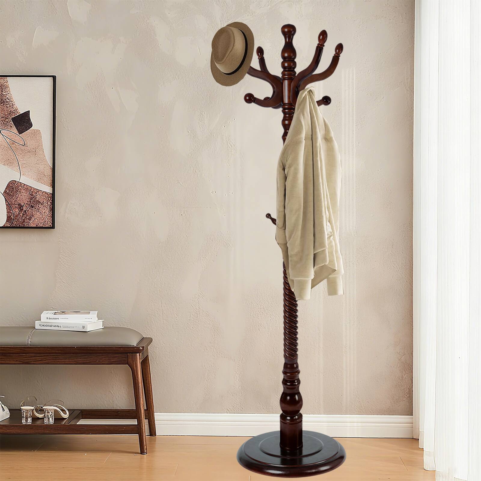 Alt View 8. Chateau Abodes - Coat Rack Freestanding, Natural Birch Wood Coat Tree with 11 Hooks, 200lbs Load, Stury Base - Dark brown.