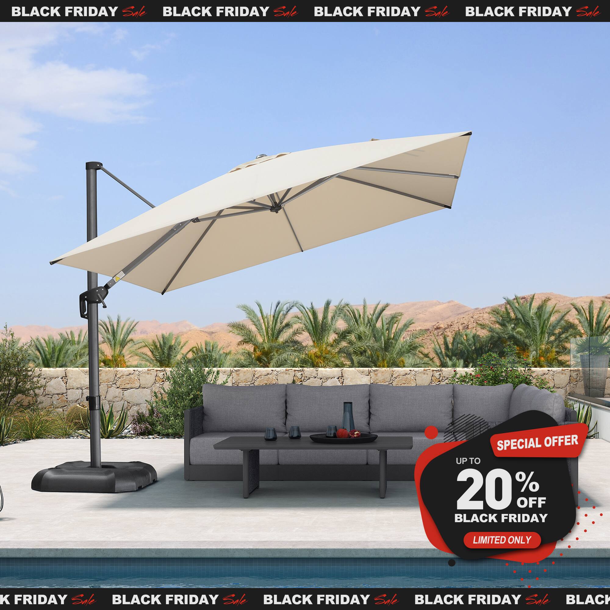 PURPLE LEAF - 10 ft. Square Aluminum Outdoor Patio Cantilever Umbrella Offset 360° Rotation Umbrella with Base for Garden Deck Pool - Beige