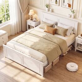 Gymax - Full Size Bed Frame Farmhouse Wooden Platform Bed w/ Headboard - White