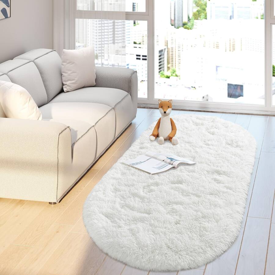 Fabibe Soft Fluffy Area Rug For Bedroom Cream White Fuzzy Shaggy Oval ...