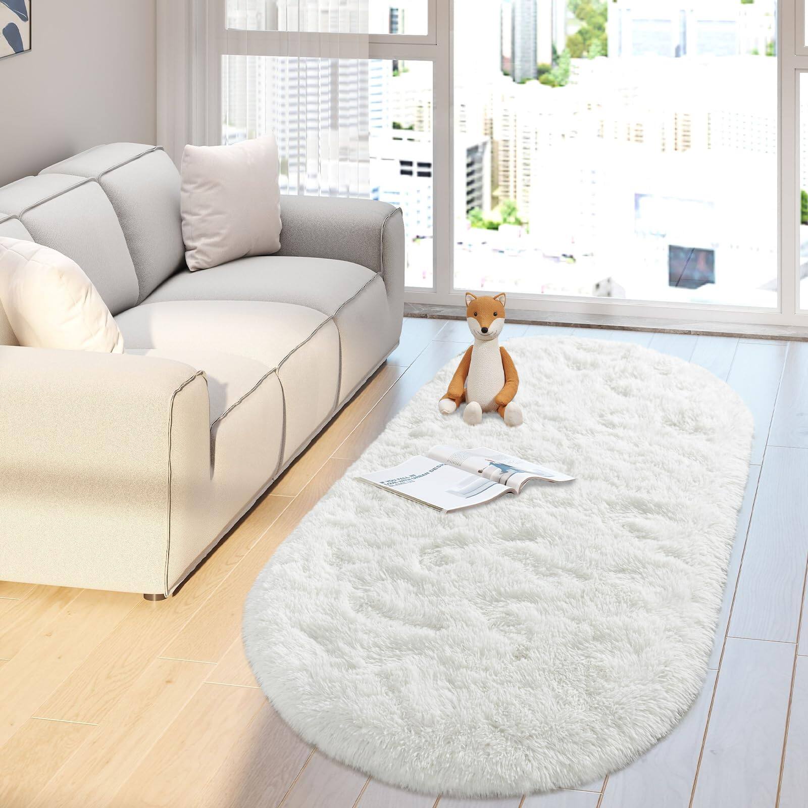 Fabibe Soft Fluffy Area Rug For Bedroom Cream White Fuzzy Shaggy Oval ...