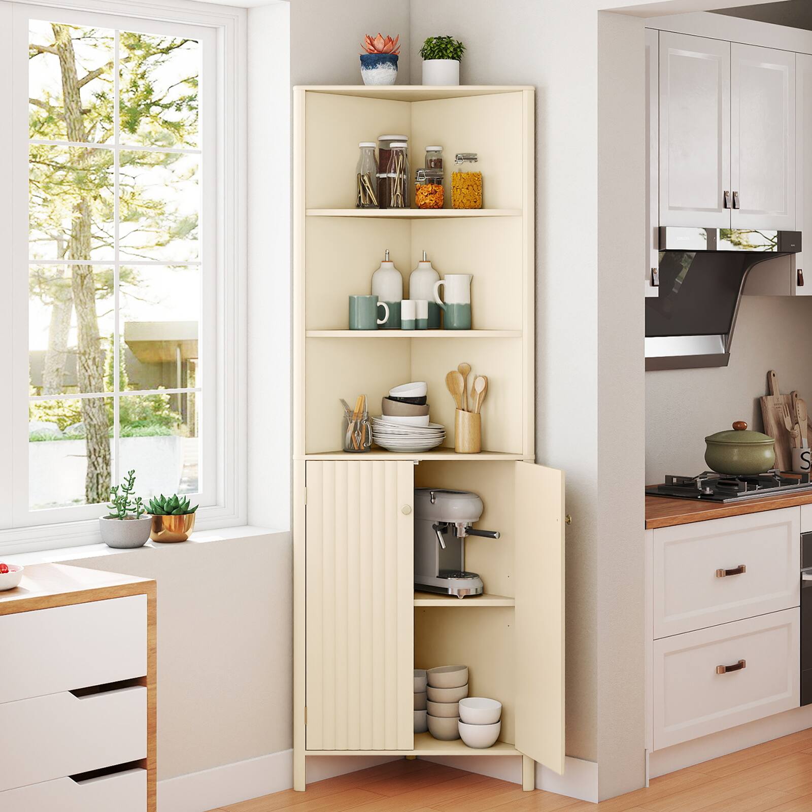 Alt View 4. Gymax - Gymax 68'' Tall Corner Cabinet w/ 5 Shelves & 2 Fluted Doors Adjustable Shelf - Beige.