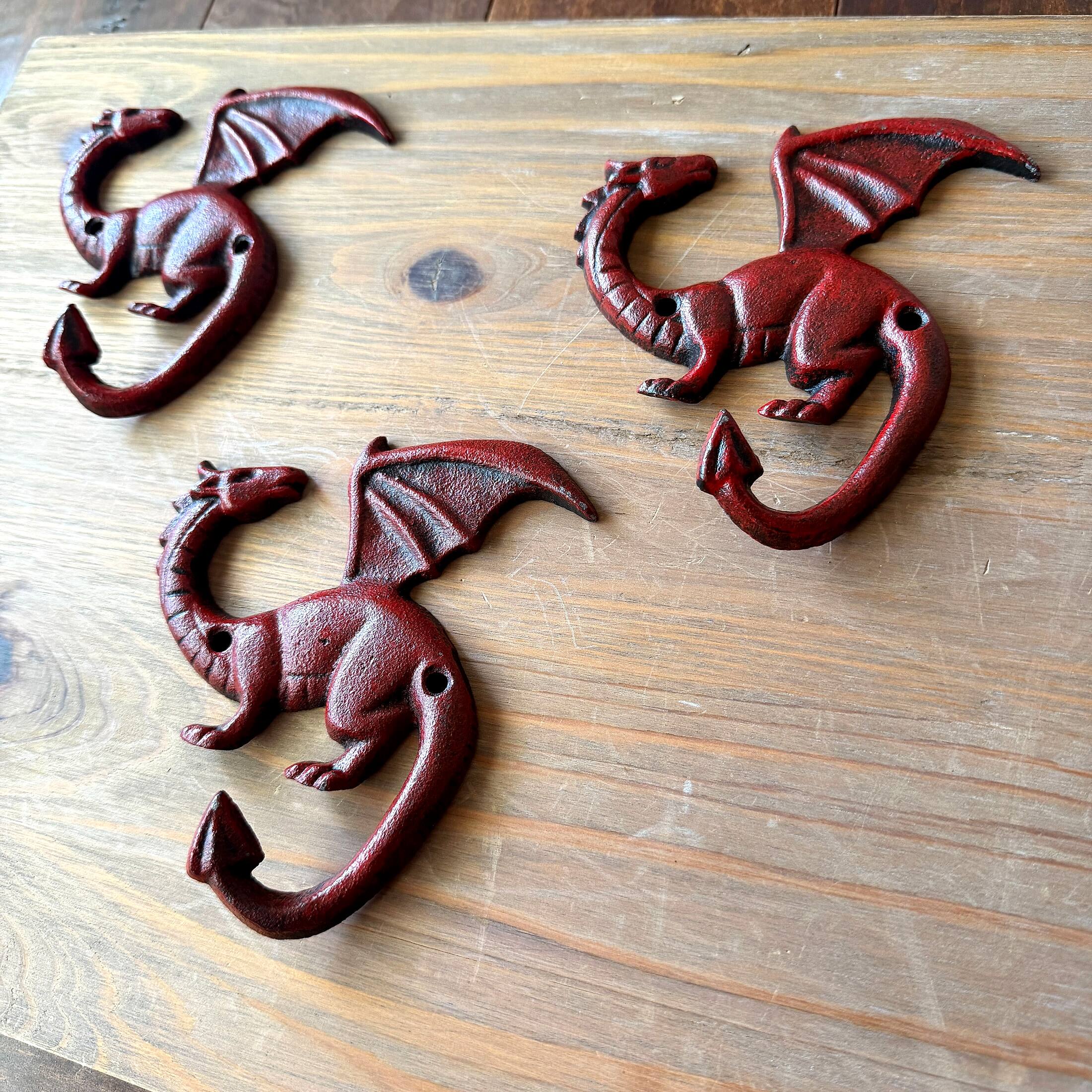 Alt View 5. Things2Die4 - Set of 3 Dragon Wall Hooks Red Rust Cast Iron Gothic 5.25 in Decorative - Red.