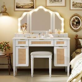 LUCKY ONE - 44.37" Makeup Vanity Desk w/ 13 Hollywood Bulbs Tri-Fold Mirror 5 Drawers - White