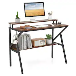 Ecooso - Rolling Computer Desk with Charging Station and Monitor Shelf, Mobile Home Office Workstation - Rustic Brown