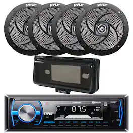 Pyle - PLMRB29B Single DIN Marine Bluetooth MP3 Stereo Receiver, Cover, 4x 5.25" 180W Low-Profile Waterproof Speakers