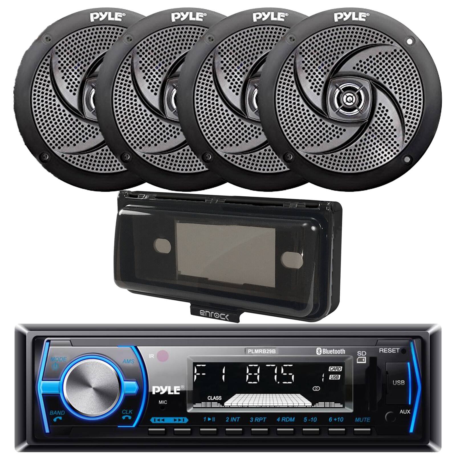 Pyle - PLMRB29B Single DIN Marine Bluetooth MP3 Stereo Receiver, Cover, 4x 5.25" 180W Low-Profile Waterproof Speakers