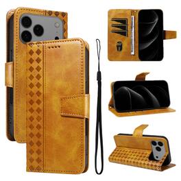Dteck - Magnetic Wallet Pocket Case For Apple iPhone 17 Pro, Shockproof Faux Leather Card Pocket Wrist Strap Cover - Yellow