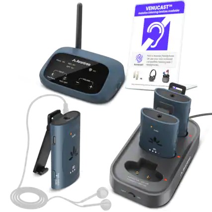 VENUCAST™
Assistive Listening Devices Available
Pick a receiver/headphone
OR use your own Auracast compatible hearing aids / Auracast headphones.
Avantree
Phone AUX
INPUT
Pair Phone
AUX/OPT
VOLUME
+
-
Auracast
Using Auracast hearing aids? See the back for compatible mode.
Audio
Hold to Switch
Battery Full - LED Off
Charging - LED On
OFF
ON