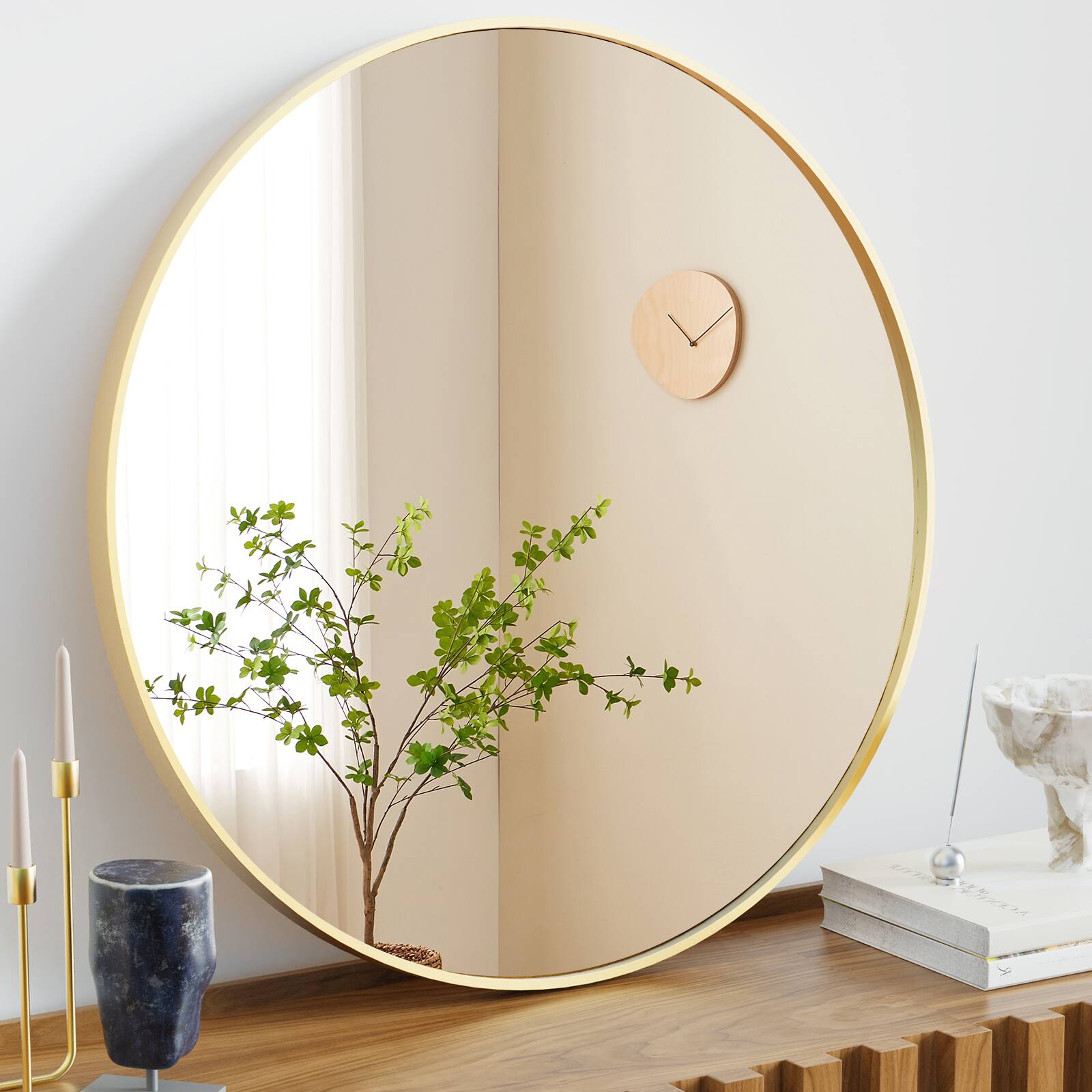 Front. Lirago - 24-Inch Gold Round HD Wall MirrorShatterproof Bathroom Mirror for SinkEntrywayBedroomand Vanity - Gold.