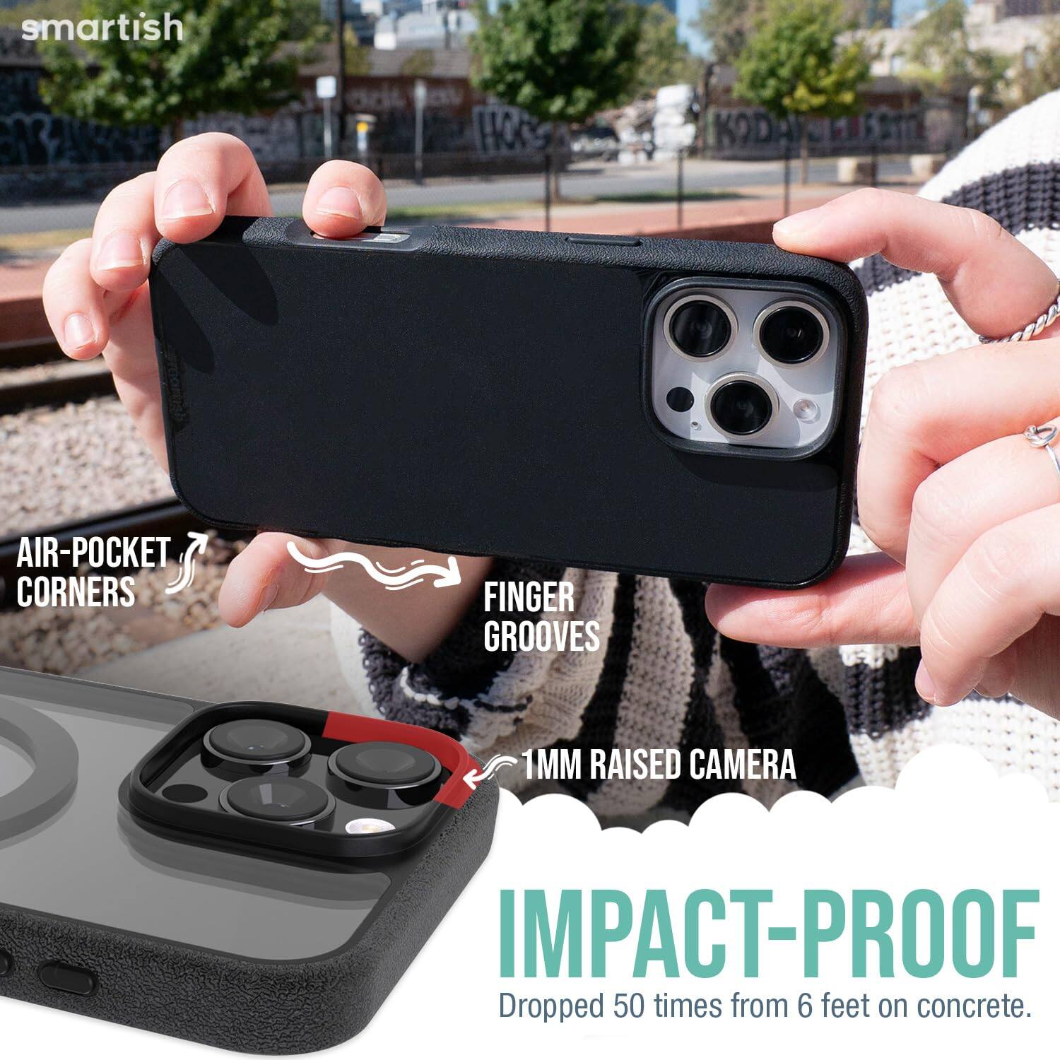 smartish  
AIR-POCKET CORNERS  
FINGER GROOVES  
1MM RAISED CAMERA  
IMPACT-PROOF  
Dropped 50 times from 6 feet on concrete.