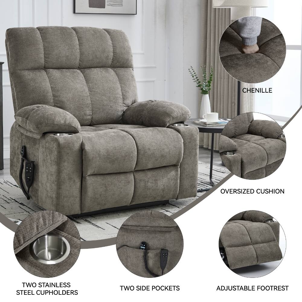 CHENILLE  
OVERSIZED CUSHION  
TWO STAINLESS STEEL CUPHOLDERS  
TWO SIDE POCKETS  
ADJUSTABLE FOOTREST