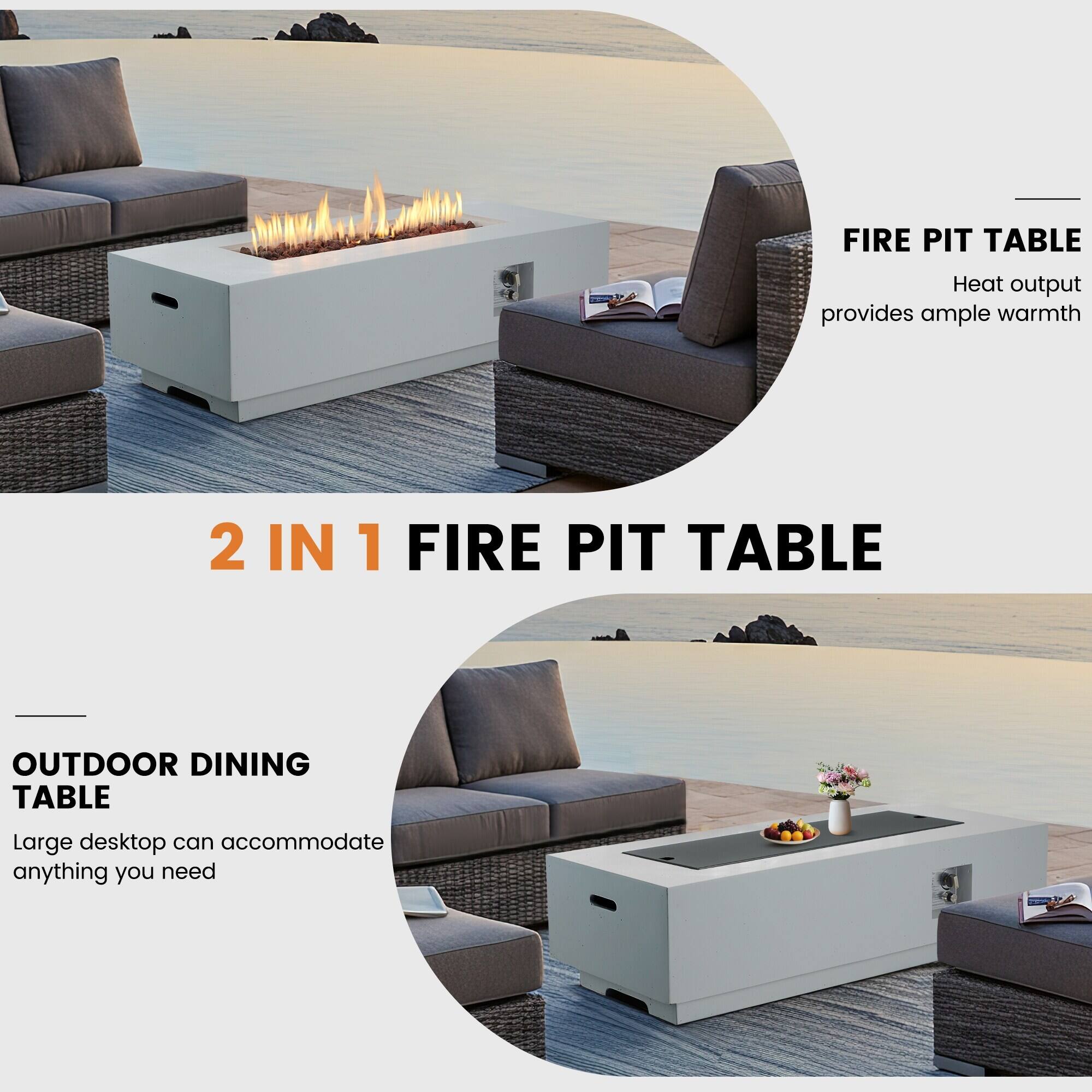 2 IN 1 FIRE PIT TABLE  
Heat output provides ample warmth  
OUTDOOR DINING TABLE  
Large desktop can accommodate anything you need