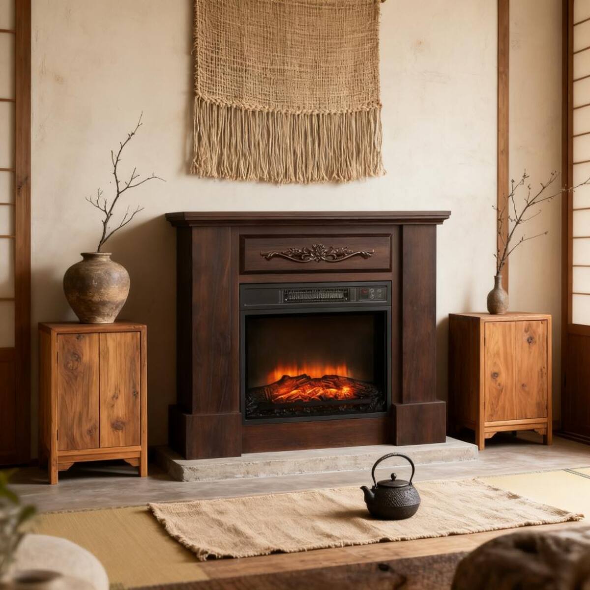 Alt View 4. Loheer - Loheer Freestanding Electric Fireplace with Mantel, 1400W Heater with 3D LED Log Flame, Brown - Brown.
