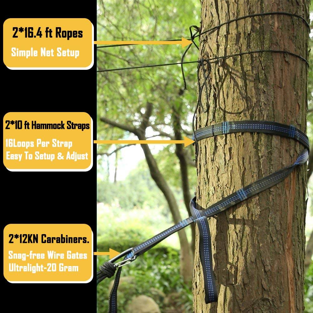 2*16.4 ft Ropes  
Simple Net Setup  

2*10 ft Hammock Straps  
16 Loops Per Strap  
Easy To Setup & Adjust  

2*12KN Carabiners  
Snag-free Wire Gates  
Ultralight-20 Gram