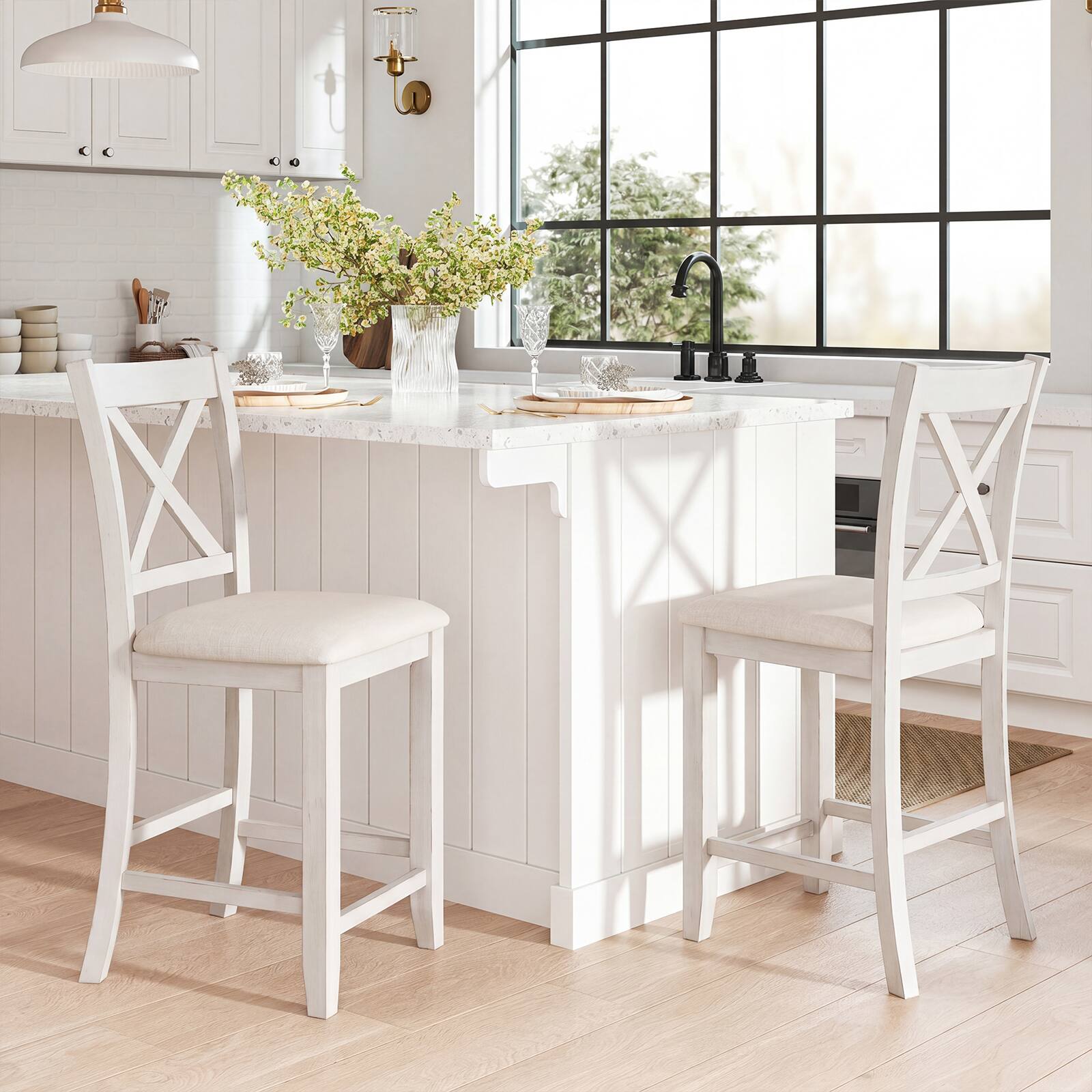 Alt View 3. Costway - Costway Rubber Wooden Bar Stools Set of 4 with Footrest Comfortable Linen Cushion - White.