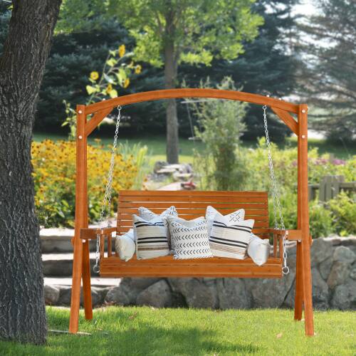 Alt View 7. Winado - 4FT Patio Wooden Porch Swing Chair Bench Only, with Hanging Chains, Cup Holders for Indoor Outdoor Courtyard Garden Yard - Brown.