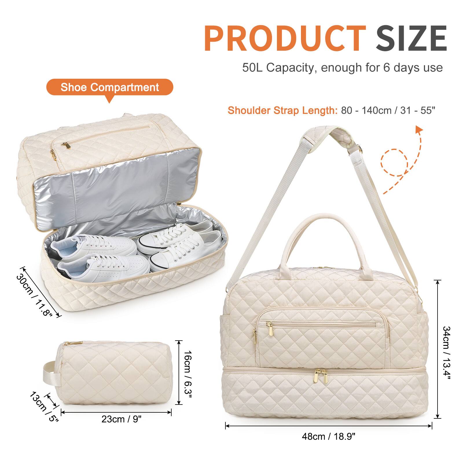 PRODUCT SIZE  
50L Capacity, enough for 6 days use  

Shoe Compartment  
30cm / 11.8"  
13cm / 5"  

Shoulder Strap Length: 80 - 140cm / 31 - 55"  

16cm / 6.3"  
23cm / 9"  
48cm / 18.9"  
34cm / 13.4"