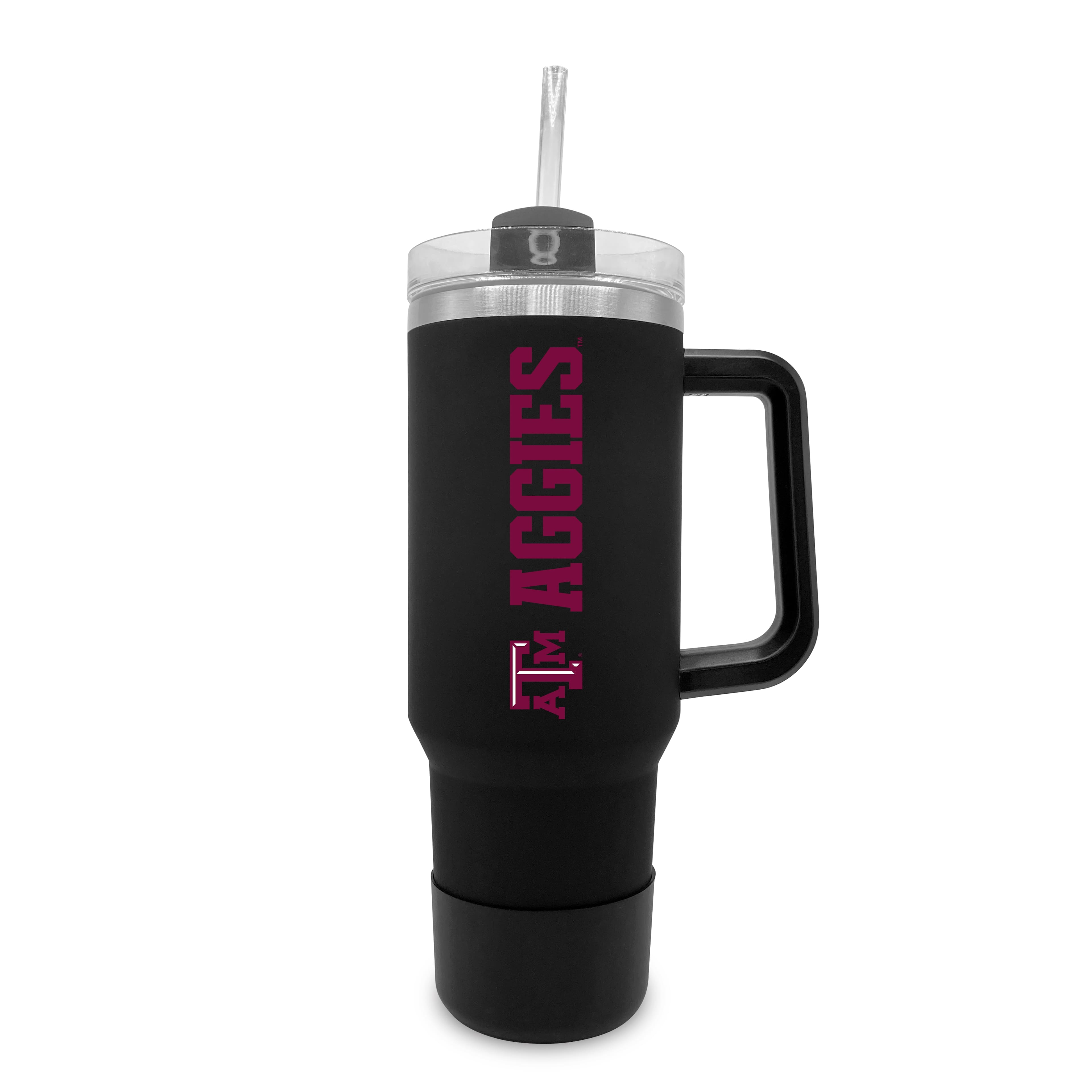 Front. The Fanatic Group - Texas A&M Aggies 40oz. Stainless Tumbler with Handle & Removable Straw - Black.