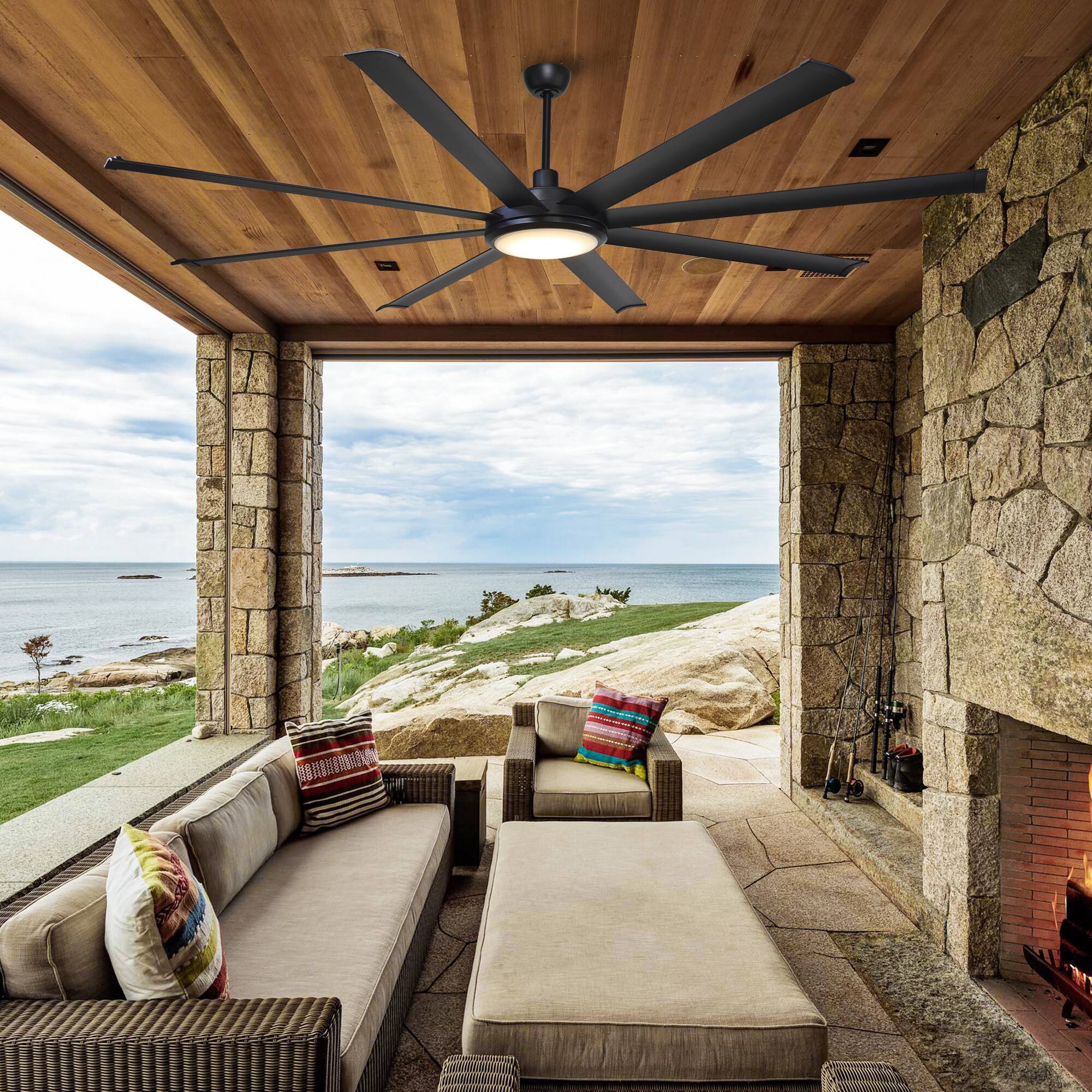 Front. Parrot Uncle - 75" 8-Blade Windmill Ceiling Fan with Integrated LED Light, Remote Control, 6-Speed Reversible DC Motor - Black.