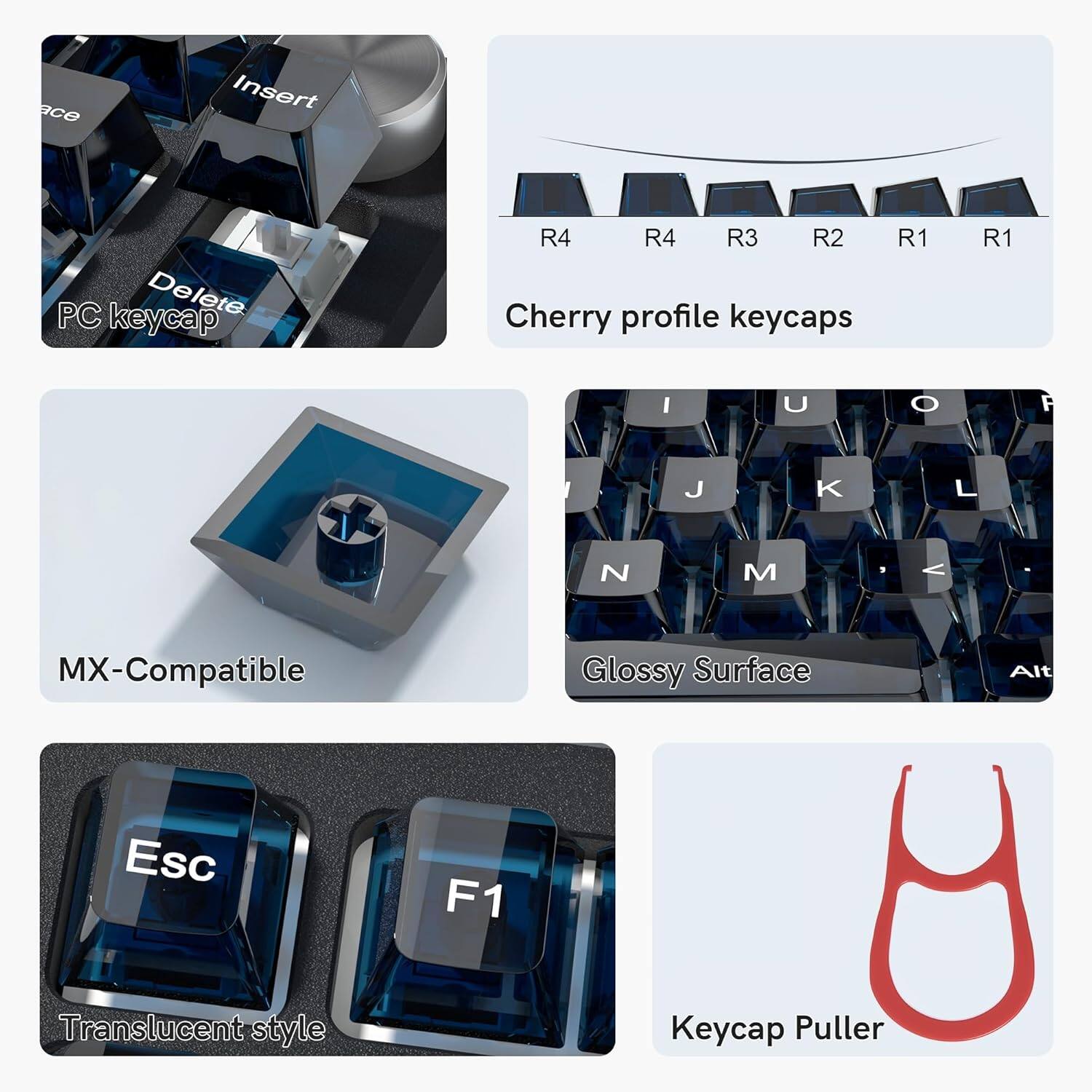 ace Insert PC keycap Delete R4 R4 R3 R2 Cherry profile keycaps R1 R1 I U O A J K L N M V MX-Compatible Glossy Surface Alt Esc F1 Translucent style Keycap Puller