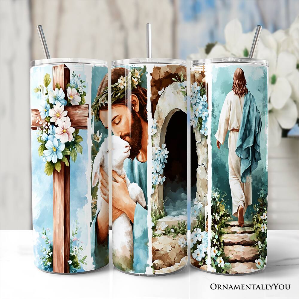 Back. OrnamentallyYou - Jesus has Risen 20oz Tumbler With Stainless Steel Straw, Easter Blue Brushstrokes Spring Gift Cup - Multicolored.