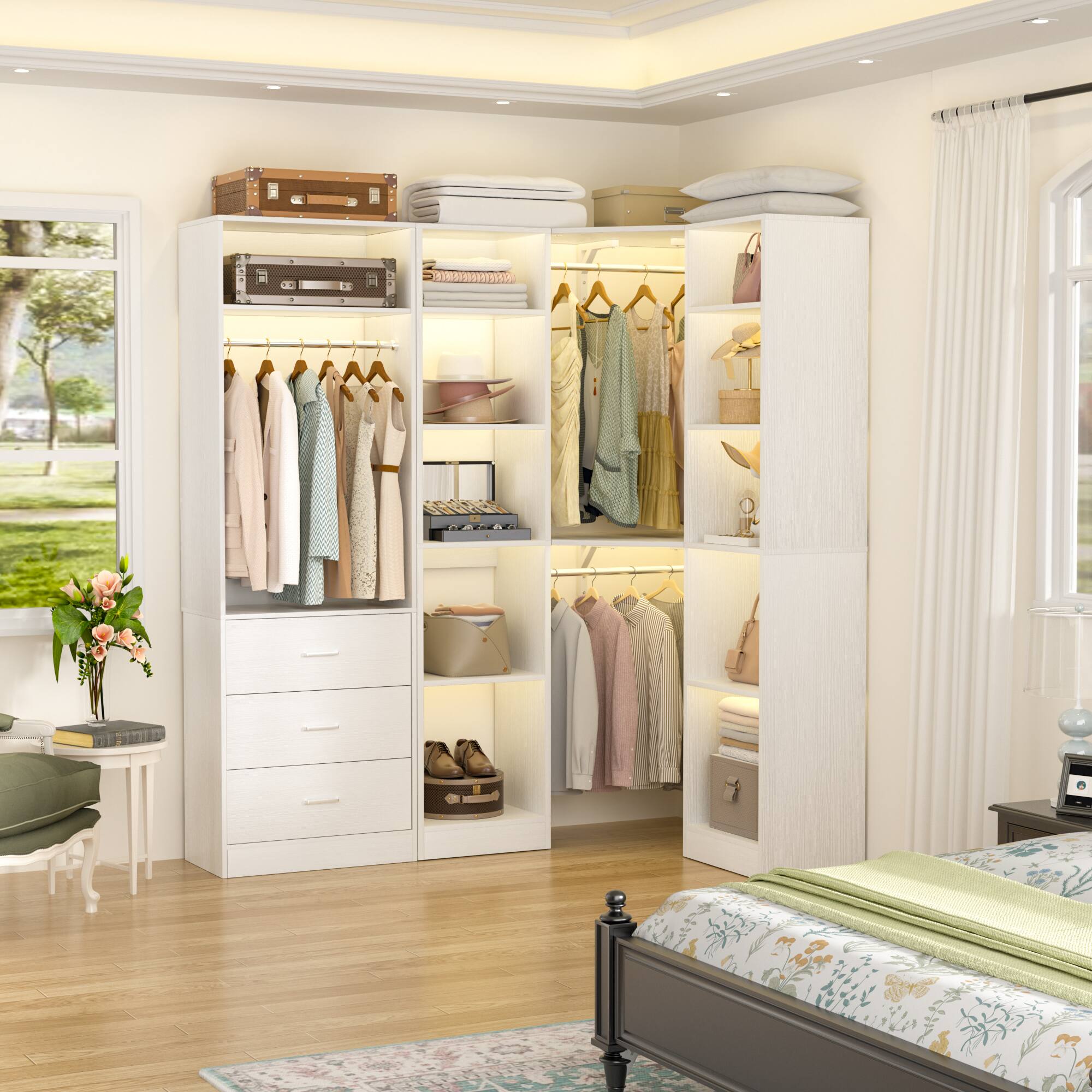 Left. Aheaplus - L-Shaped Corner Closet: 3 Drawers + 13 Shelves, 2000lb Capacity ,Space-Saving Walk-in Organizer - White.